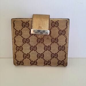 GUCCI GG Canvas Bifold Wallet Gold Leather Trim Snap Closure Made in Italy